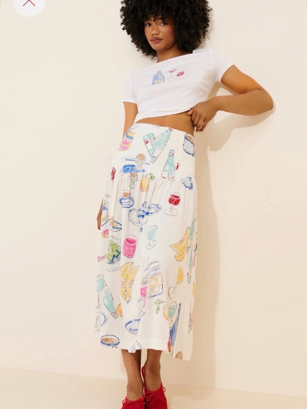 Lisa Says Gah White Maxi Skirt with Colorful Beverage & Fruit Print